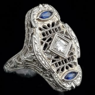 Art Deco Diamond Lab Sapphire 18k White Gold Dinner Ring Filigree Vintage C1930s