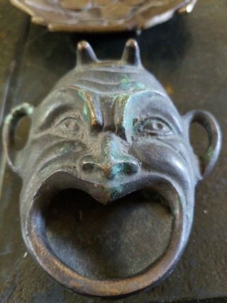 Antique Occult Brass Devil Satan Patina Ashtray Coin Tray Dish Heavy Horns