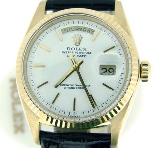 Mens Rolex Day - Date President 18K Yellow Gold Watch Black Band White Dial 1803 2