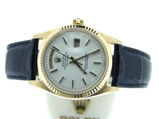 Mens Rolex Day - Date President 18K Yellow Gold Watch Black Band White Dial 1803 3