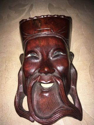 Chinese Or Japanese Carved Wooden Wall Plaque Laughing Moustachiod Man 2