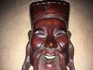 Chinese Or Japanese Carved Wooden Wall Plaque Laughing Moustachiod Man 7