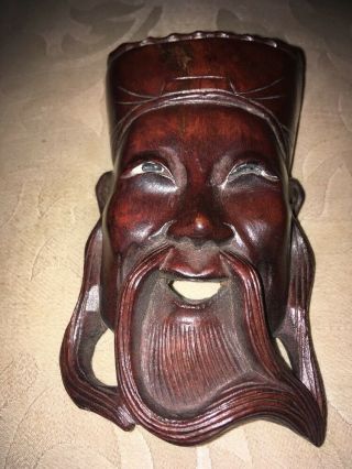 Chinese Or Japanese Carved Wooden Wall Plaque Laughing Moustachiod Man 8