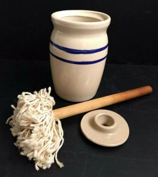 Vintage Small Stoneware Crock With Lid And Dust Mop