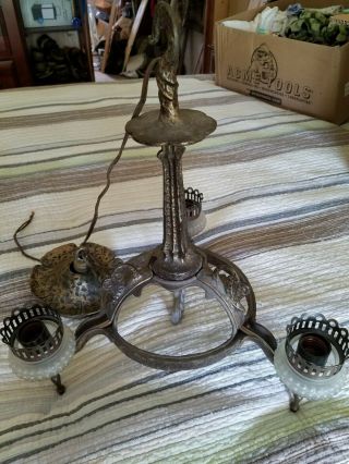 Vintage Antique Victorian Brass Decorative 3 Way Light Chandelier Fixture.  Heavy