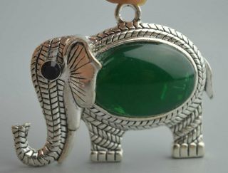Collectable Tibet Handwork Miao Silver Armor Jade Carve Elephant Amulet Pendant