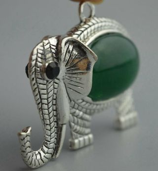 Collectable Tibet Handwork Miao Silver Armor Jade Carve Elephant Amulet Pendant 2