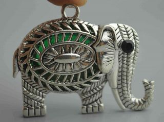 Collectable Tibet Handwork Miao Silver Armor Jade Carve Elephant Amulet Pendant 3