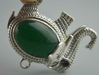 Collectable Tibet Handwork Miao Silver Armor Jade Carve Elephant Amulet Pendant 5