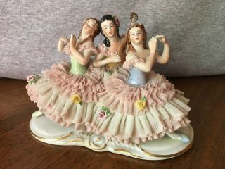 Antique German Porcelain Dresden Lace 3 Standing Dancers