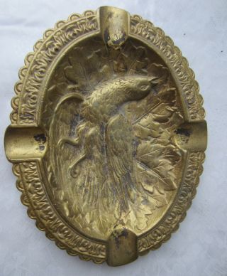 Antique Vintage Ornate Bronze / Brass Embossed Ashtray With Singing Bird