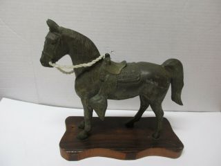 Vintage Bronze Horse Statue On Wood Base