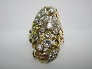 Large 14k Gold Ring With Ornate Old Diamonds Cocktail Vintage Wearable Art Rose