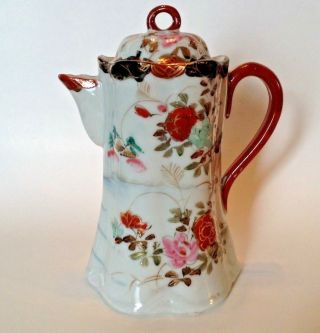 Hand Painted Chocolate Or Tea Pot - Roses And Blue River Ripples - Nippon Japan