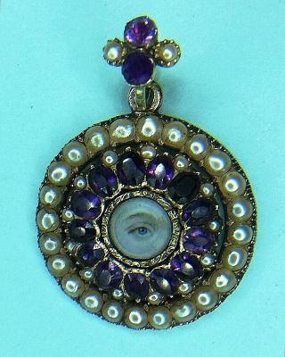 Unusual Georgian Gold,  Amethyst & Pearl Eye Miniature Brooch.  1820 