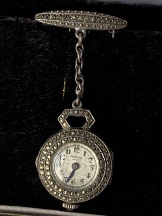 Antique Sterling Bucherer Lapel Watch With Marcasites Runs