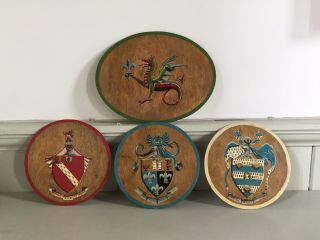 4 X Vintage Wood With Hand Painted Heraldic Crest Shields Plaques