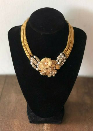 Vintage Estate Miriam Haskell Signed Gold Pearl Floral Choker Statement Necklace