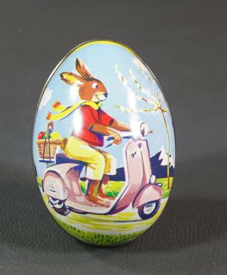 Antique German Easter Bunny Rabbit Motorcycle Litho Tin Egg Candy Container Box