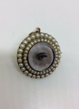 Fine Georgian 9ct Gold & Seed Pearl Lovers Eye Mourning Brooch Pendant