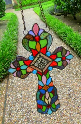 Vintage Leaded Stained Glass Multi - Color Cross Large 13 Inches Long Suncatcher