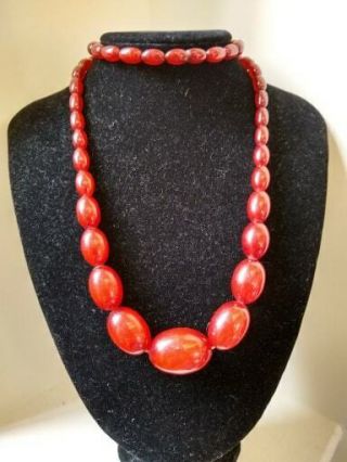 Antique Art Deco Cherry Red Amber Bakelite Faturan Beads Necklace 63 Gms
