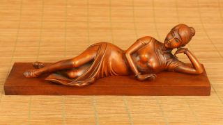 Rare Asian Old Boxwood Hand Carving Beauty Belle Statue,  Pedestal Gift Decorate