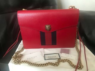 Gucci Animalier Textured Red Leather Web Antique Gold Shoulder Crossbody Bag