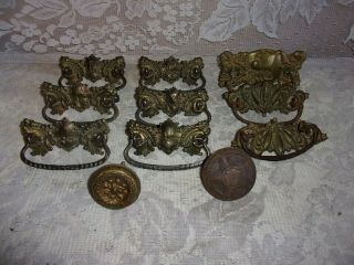 9 Antique Victorian Ornate Brass Dresser Drawer Pull Handles & 2 Door Knobs