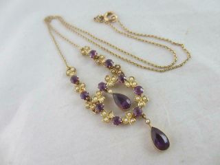 Amethyst Seed Pearl 15k Gold Dangly Pendant Necklace Antique Victorian.  Tbj04445