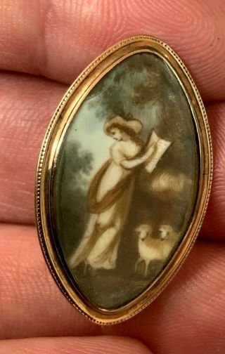 Antique Georgian Navette Shaped Gold Sepia Mourning Memorial Brooch Pin