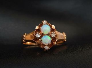 Edwardian Ring In 18ct Rose Gold With Opal And Diamonds - Size P Or 8