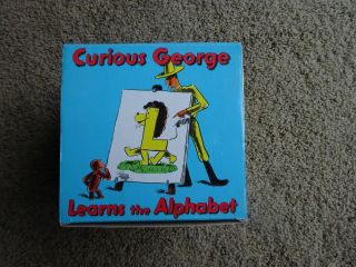 Vintage Curious George Wooden Nesting Blocks Pre - School Alphabet Numbers Box