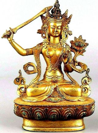 Rare Ancient Copper Buddha Figure Holding Sword On Lotus Hundreds Of Years Old