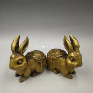 Pair Bronze Copper Brass Home Fengshui Auspicious Fortune Treasure Rabbit Hare