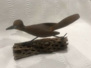 ‘75 Wood Hand Carved Roadrunner Bird Figurín Sculpture,  Made Of Saguaro