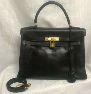 Authentic 1976 Vintage Hermes Kelly Retourne 32 Black Box Calf Satchel Bag Purse