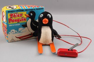 1950s Vintage Skiing Penguin On Leash Japanese Alps Wind - Up Toy,