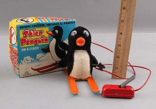 1950s Vintage Skiing Penguin on Leash Japanese Alps Wind - Up Toy, 2