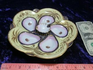 Antique Fancy Cobalt Blue Gold Raised Center Shell Oyster Plate 5 Well Unique As