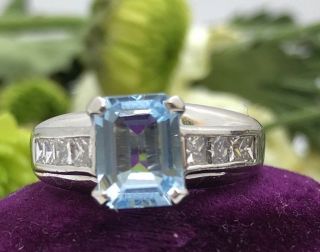 Stunning Vintage Aquamarine And Diamond Platinum Ring Art Deco