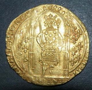 Medieval Gold Franc Charles V 1364 - 1380 Large Coin Ancient Crusader Cross Sword 11