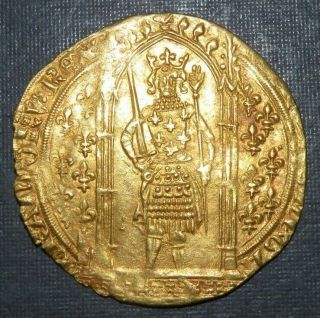 Medieval Gold Franc Charles V 1364 - 1380 Large Coin Ancient Crusader Cross Sword 6