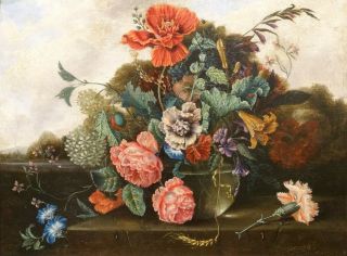 17th 18th Century Dutch School Still Life Flowers & Cabbage Antique Oil Painting