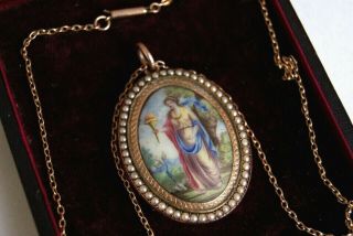 Fine Antique Victorian Rose Gold Seed Pearl Persephone&doves Pendant Necklace