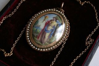 FINE ANTIQUE VICTORIAN ROSE GOLD SEED PEARL PERSEPHONE&DOVES PENDANT NECKLACE 3