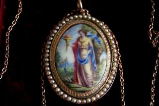 FINE ANTIQUE VICTORIAN ROSE GOLD SEED PEARL PERSEPHONE&DOVES PENDANT NECKLACE 4