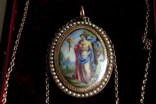 FINE ANTIQUE VICTORIAN ROSE GOLD SEED PEARL PERSEPHONE&DOVES PENDANT NECKLACE 7