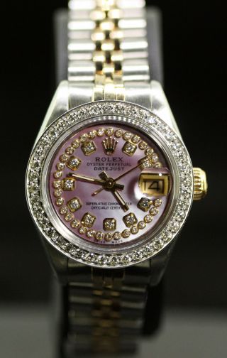 Rolex Ladies Datejust Oyster 18K Gold Stainless Diamond Dial Bezel 69173 2