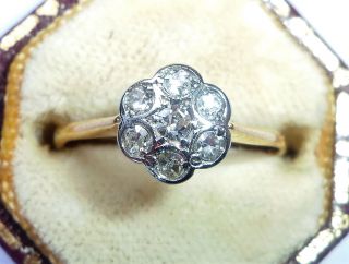 Antique Art Deco 18ct Gold,  Platinum & 0.  25ct Diamond Daisy Cluster Ring,  Size L